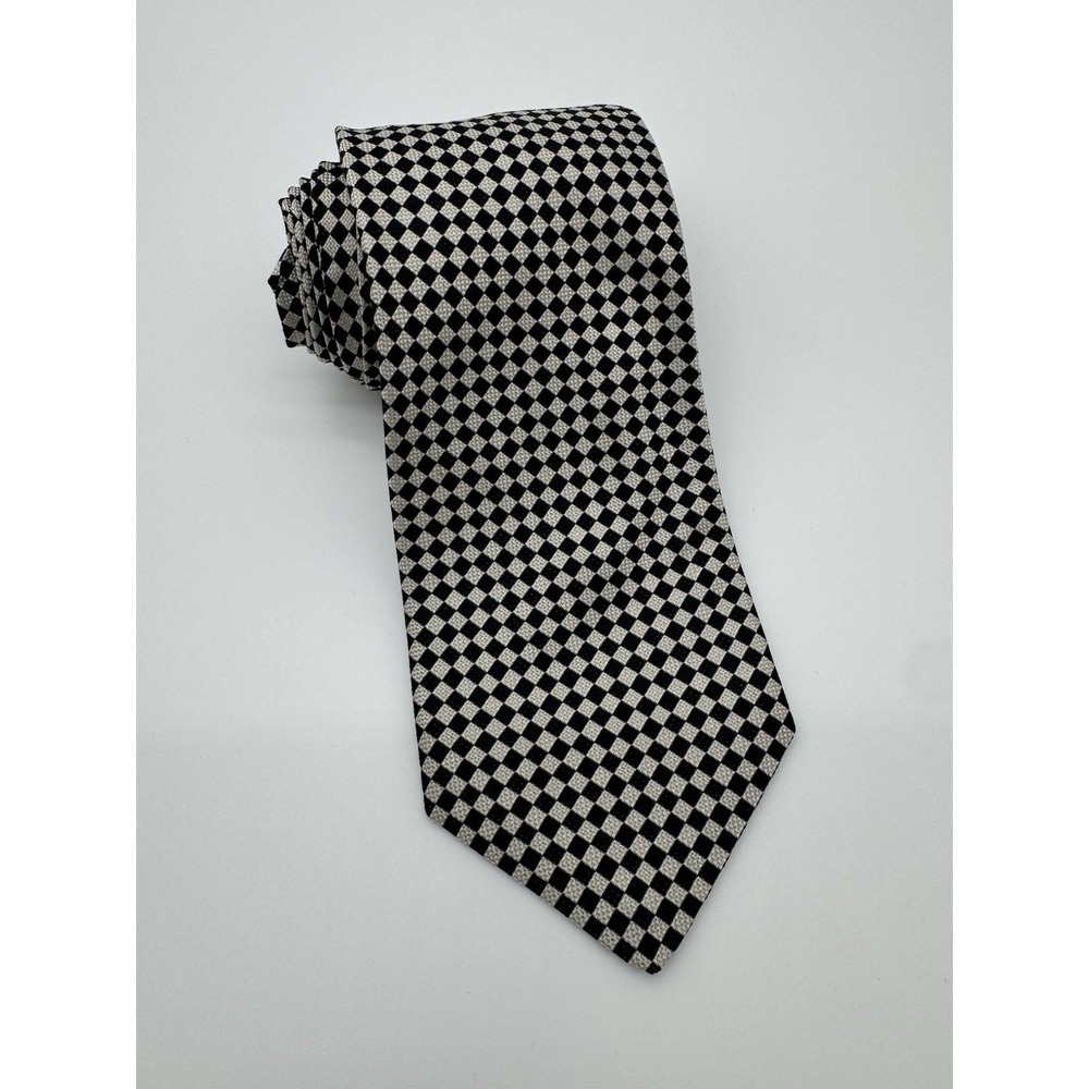 Giuseppe 100% Silk Tie Black Gray Geometric Checkered Italy Made Classic Mens